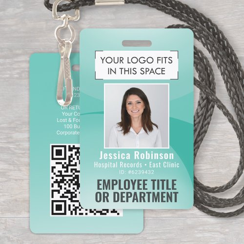 Employee Photo ID QR Code Your Logo Teal Blue Arc Badge