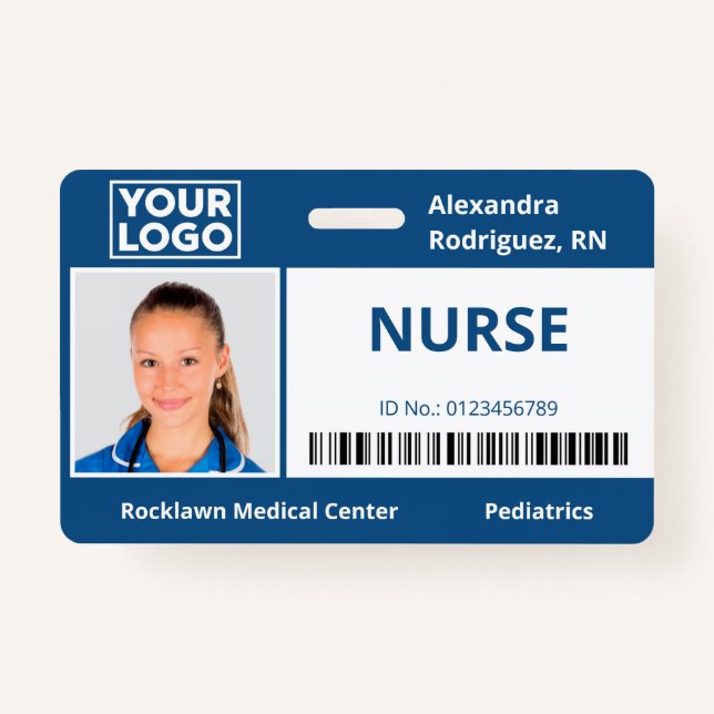 Employee Photo Logo Barcode Blue Hospital ID Badge (Front)