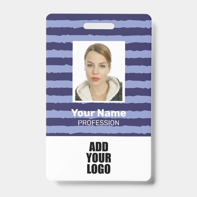Employee Photo Logo & Barcode Blue Stripes Badge (Front)