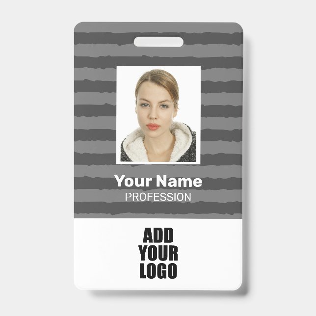 Employee Photo Logo & Barcode Gray Stripes  Badge (Front)