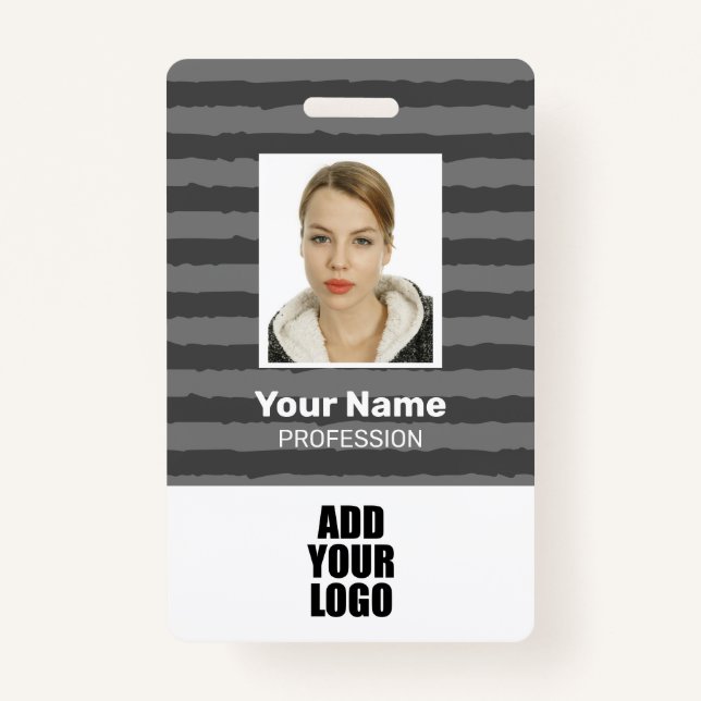 Employee Photo Logo & Barcode Gray Stripes  Badge (Front)