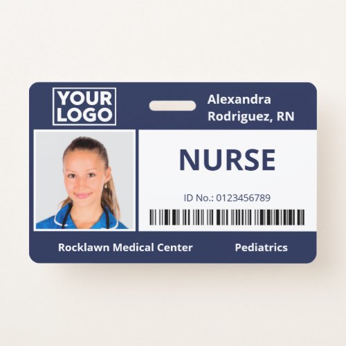 Employee Photo Logo Barcode Navy Blue Hospital ID Badge