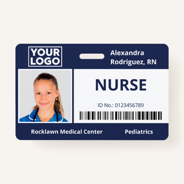 Employee Photo Logo Barcode Navy Blue Hospital ID Badge (Front)