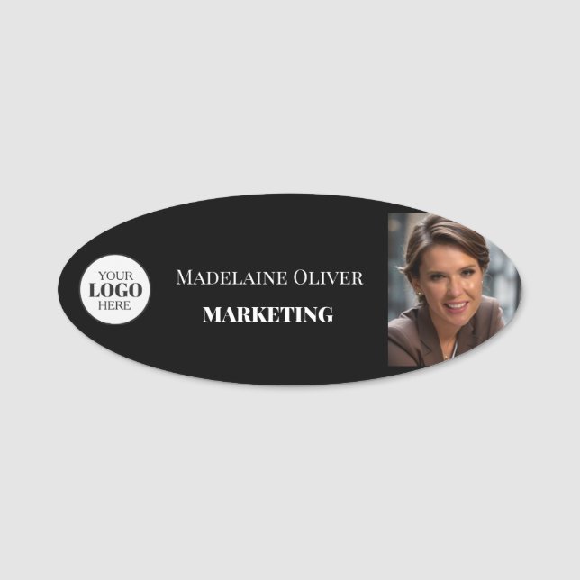 Employee Photo Logo Black White Simple Name Tag (Front)