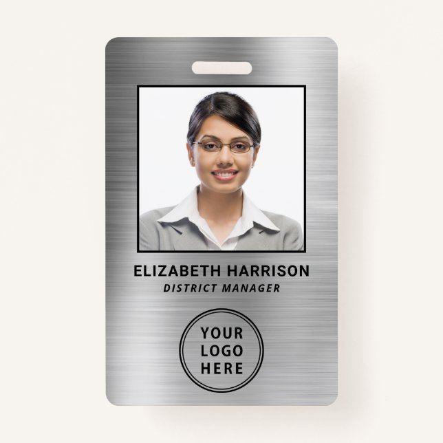Employee Photo Logo QR Bar Codes Silver Badge (Front)