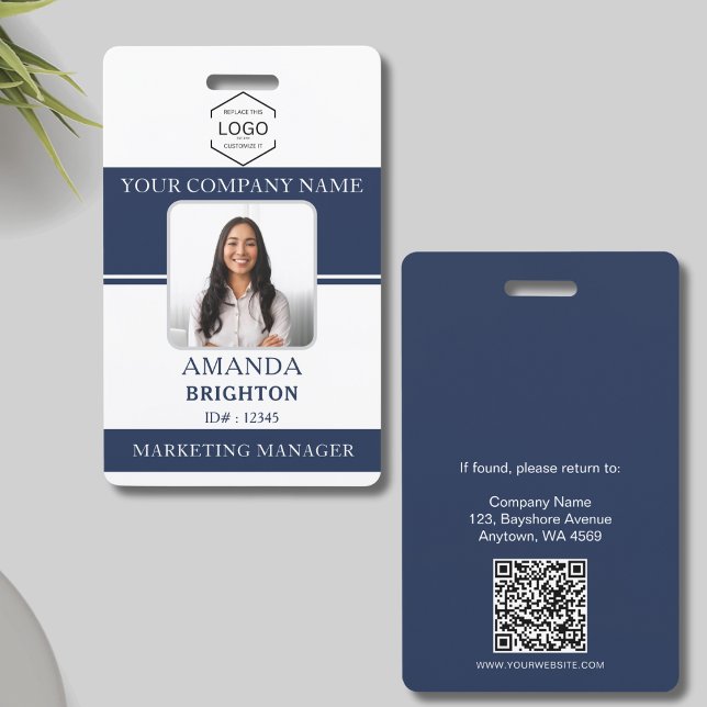 Employee Photo Logo QR Code Navy Blue White  Badge (Creator Uploaded)