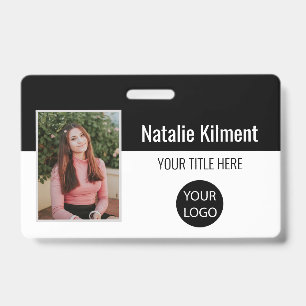Employee Photo Name Logo Bar Code Black and White Badge