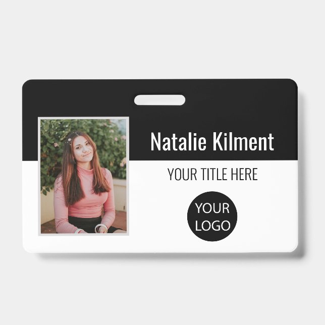 Employee Photo Name Logo Bar Code Black and White Badge (Front)