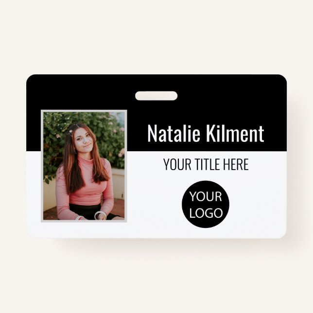Employee Photo Name Logo Bar Code Black and White Badge (Front)