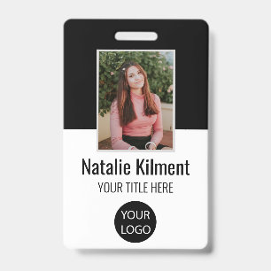 Employee Photo Name Logo Bar Code Black and White Badge