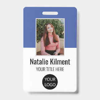 Employee Photo Name Logo Bar Code Blue and White Badge