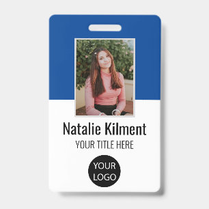 Employee Photo Name Logo Bar Code Blue and White Badge