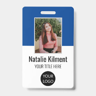Employee Photo Name Logo Bar Code Blue and White Badge