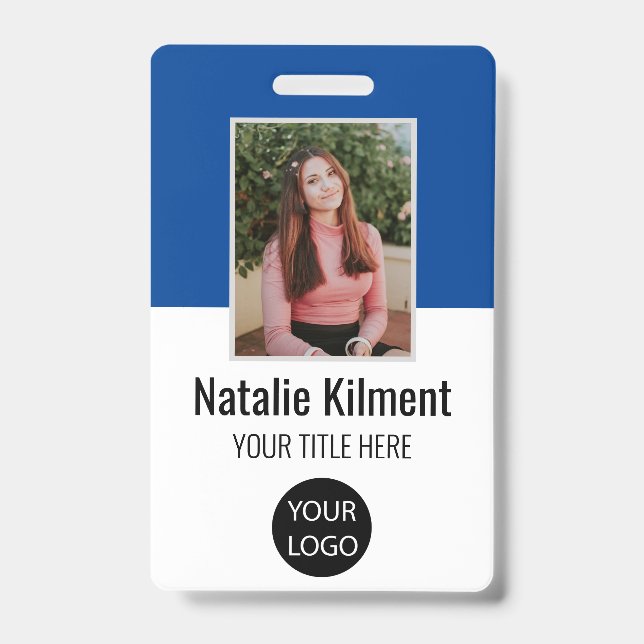 Employee Photo Name Logo Bar Code Blue and White Badge (Front)