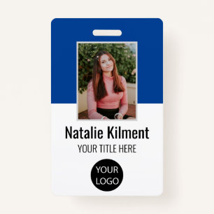 Employee Photo Name Logo Bar Code Blue and White Badge