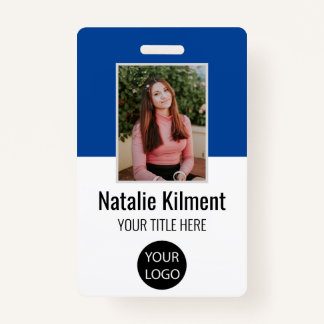 Employee Photo Name Logo Bar Code Blue and White Badge