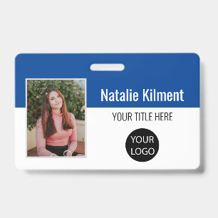 Employee Photo Name Logo Bar Code Blue and White Badge