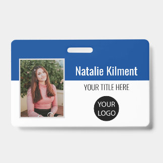 Employee Photo Name Logo Bar Code Blue and White Badge