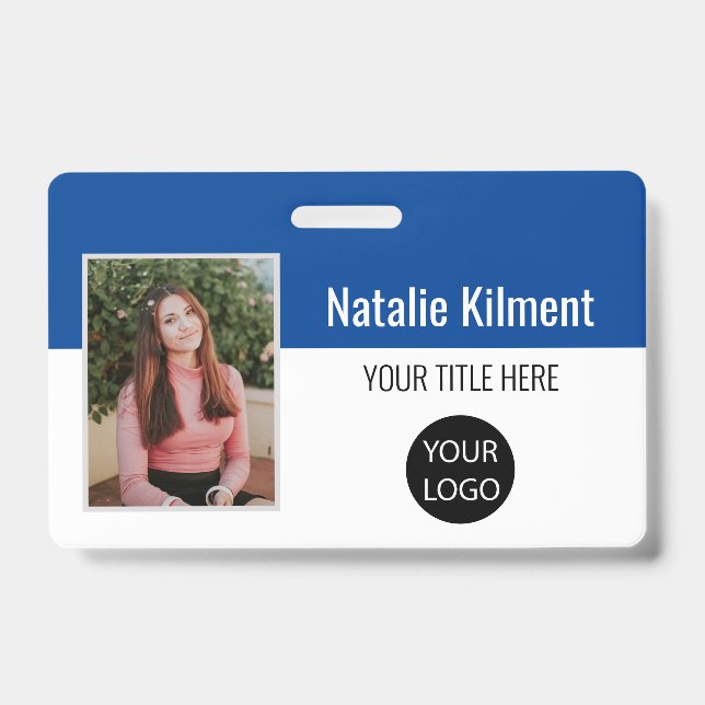 Employee Photo Name Logo Bar Code Blue and White Badge (Front)