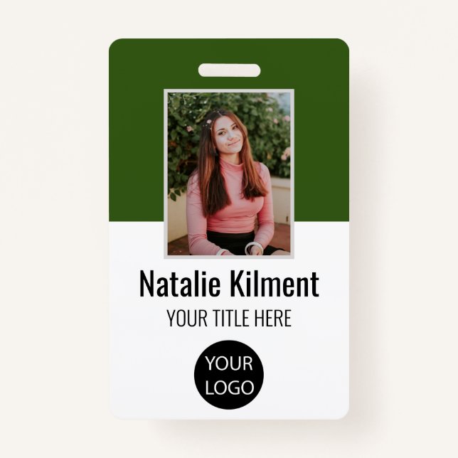 Employee Photo Name Logo Bar Code Forest Green Badge (Front)