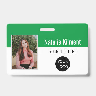 Employee Photo Name Logo Bar Code Green and White Badge