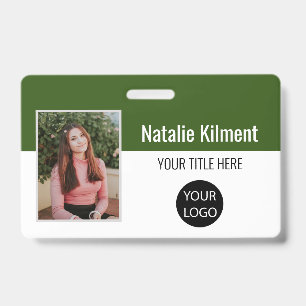 Employee Photo Name Logo Bar Code Green and White Badge