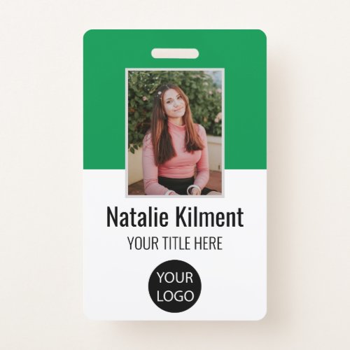 Employee Photo Name Logo Bar Code Green and White Badge