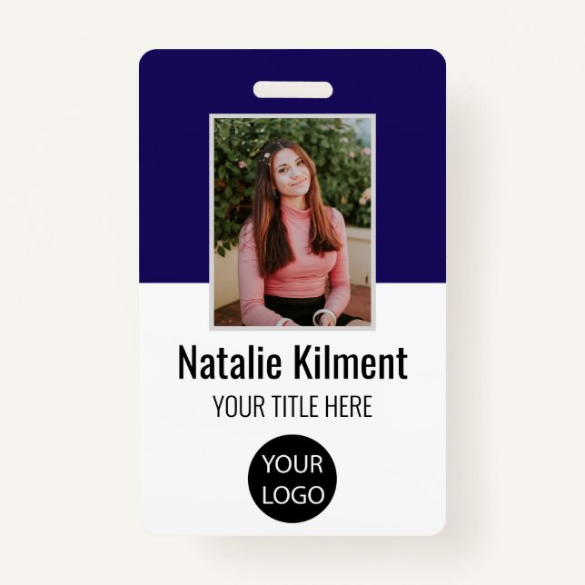 Employee Photo Name Logo Bar Code Navy Blue Badge (Front)