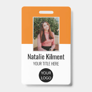 Employee Photo Name Logo Bar Code Orange and White Badge