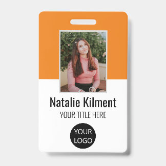 Employee Photo Name Logo Bar Code Orange and White Badge