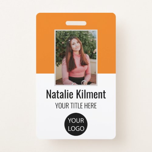 Employee Photo Name Logo Bar Code Orange and White Badge