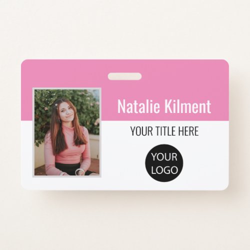 Employee Photo Name Logo Bar Code Pink and White Badge