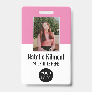 Employee Photo Name Logo Bar Code Pink and White Badge