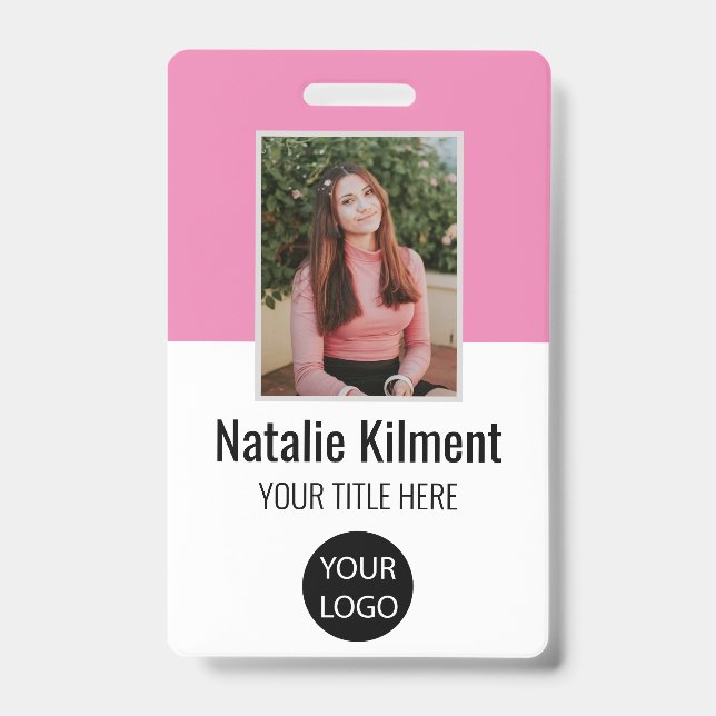 Employee Photo Name Logo Bar Code Pink and White Badge (Front)