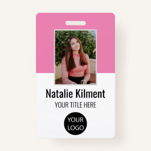 Employee Photo Name Logo Bar Code Pink and White Badge