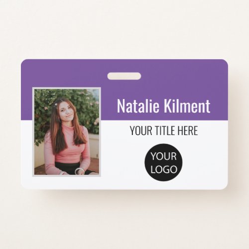Employee Photo Name Logo Bar Code Purple and White Badge