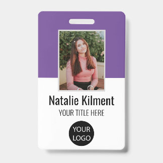 Employee Photo Name Logo Bar Code Purple and White Badge
