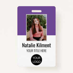 Employee Photo Name Logo Bar Code Purple and White Badge