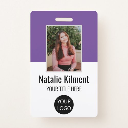 Employee Photo Name Logo Bar Code Purple and White Badge