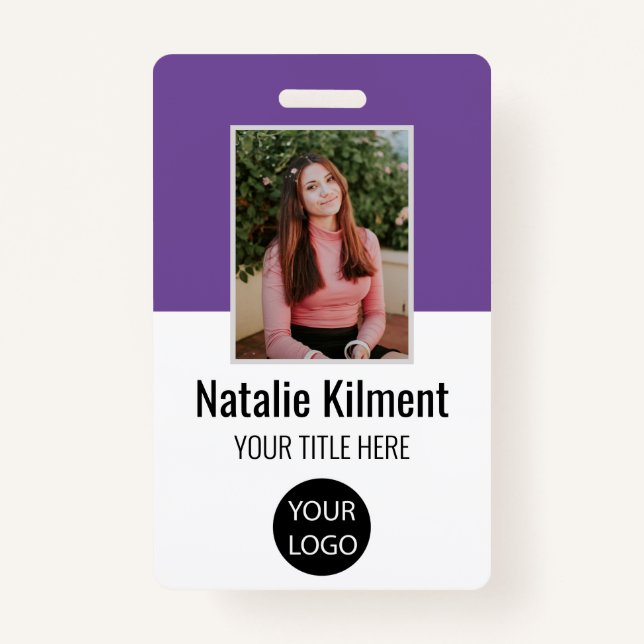 Employee Photo Name Logo Bar Code Purple and White Badge (Front)