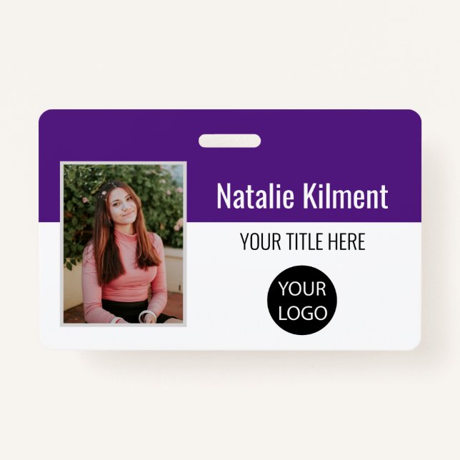 Employee Photo Name Logo Bar Code Purple and White Badge (Front)