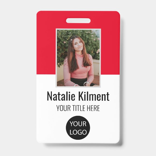 Employee Photo Name Logo Bar Code Red Black White Badge (Front)