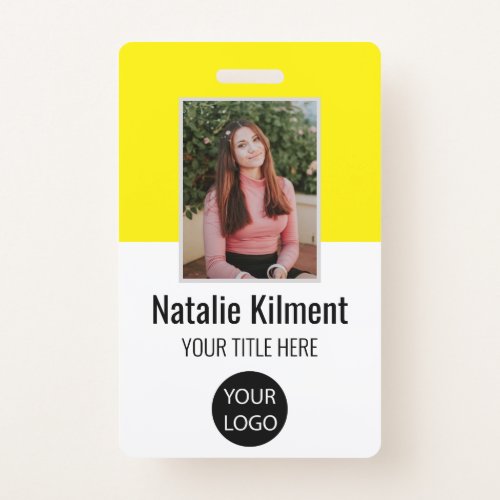 Employee Photo Name Logo Bar Code Yellow and White Badge