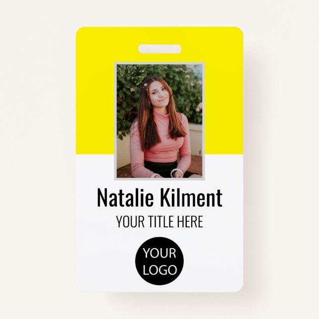 Employee Photo Name Logo Bar Code Yellow and White Badge (Front)