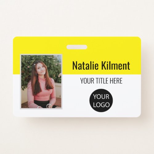 Employee Photo Name Logo Bar Code Yellow and White Badge
