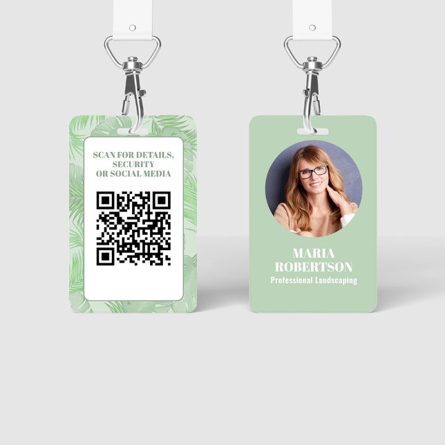 Employee Photo QR Code Green Palm  Badge (Employee photo business badge with botanical palm leaves. )