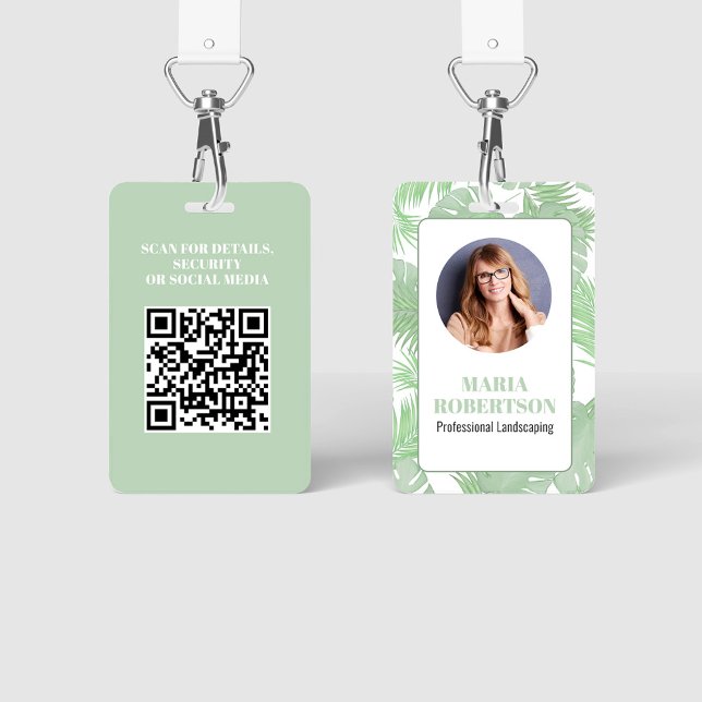 Employee Photo QR Code Palm Leaves Badge (Employee photo business badge with botanical palm leaves. )
