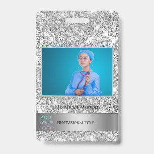 Employee Photo Silver Glitter Add Your Logo Badge