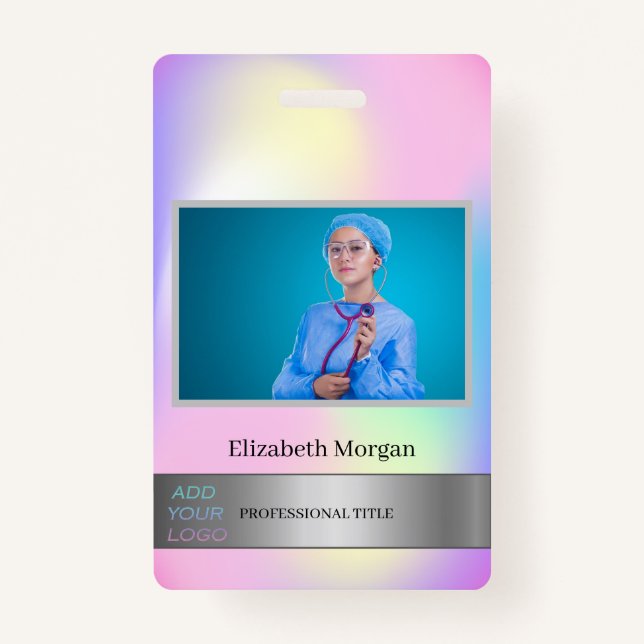 Employee Photo Silver Holographic Add Your Logo Badge (Front)