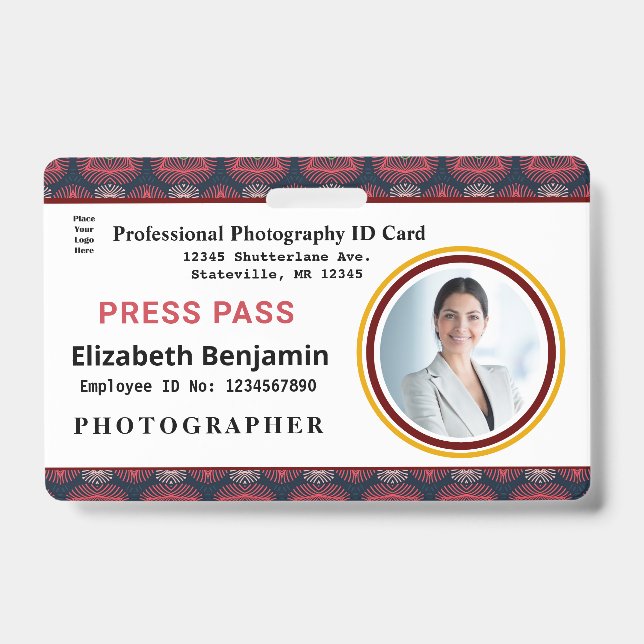 Employee Press Pass Photo Logo ID Card Name Custom Badge (Front)